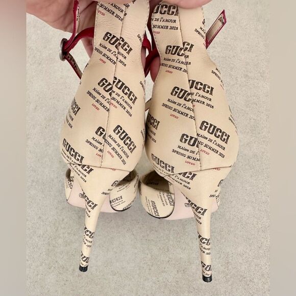 Gucci Apollo Gucci Stamp Print Beige Leather Logo Ankle Strap Pumps EU37.5 US7.5 - Picture 8 of 12